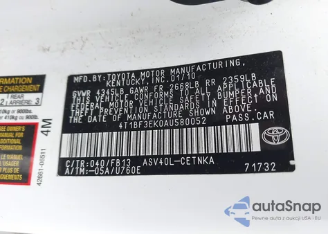 2010 Toyota Camry Le from USA, damaged, VIN 4T1BF3EK0AU580052